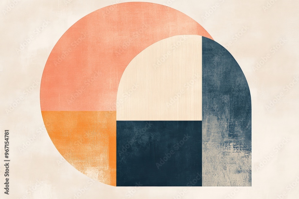 Poster Featuring abstract geometric patterns with arch and rectangle shapes, this artwork utilizes a pastel color scheme of peach, orange, and blue to create a calming visual experience.