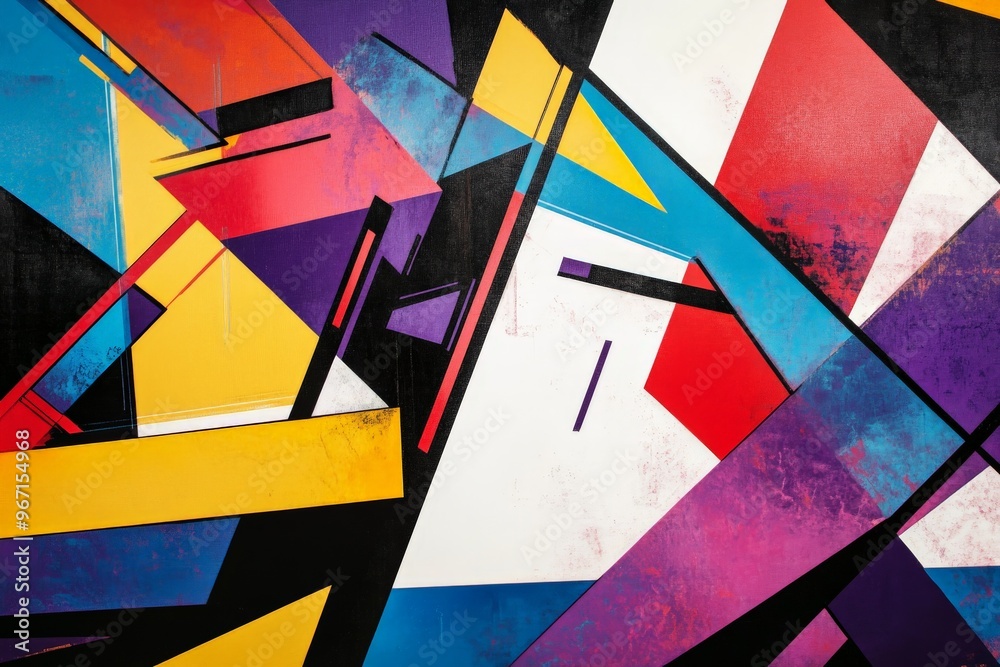 Poster Combining vibrant geometric shapes and dynamic patterns, this abstract artwork creates a visually engaging composition with bold colors that convey energy and movement.