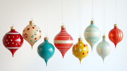 Retro Christmas ornaments with bold geometric designs, hanging against a clean white background, vibrant pastel colors, 1960s pop art style, soft lighting, high detail