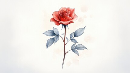 Fototapeta premium Vivid Watercolor Illustration of a Lush Red Rose in Full Bloom with Soft Petals and Foliage Details