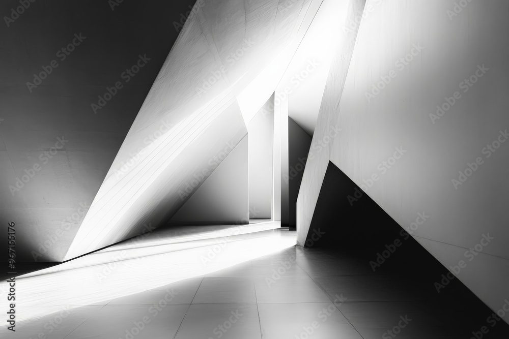 Poster This image showcases a minimalist and modern architectural space with intriguing geometric shapes illuminated by striking light patterns, creating a sense of depth and elegance.