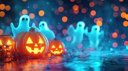 Halloween Pumpkins with Ghosts and Blue Lights.