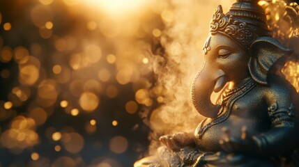 Fototapeta premium Retro-inspired Ganesha statue, seated in a temple filled with golden relics, dense incense smoke, low-angle view, vintage film grain effect, soft warm lighting