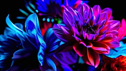 A dramatic colorful bouquet of flowers, neon shades, dark black background