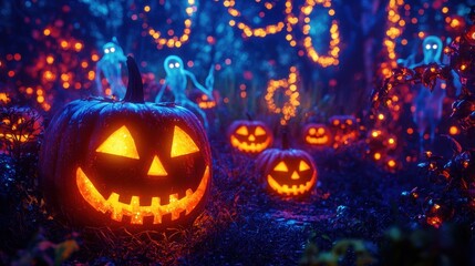 Fototapeta premium Jack-o'-Lantern in a Spooky Forest.