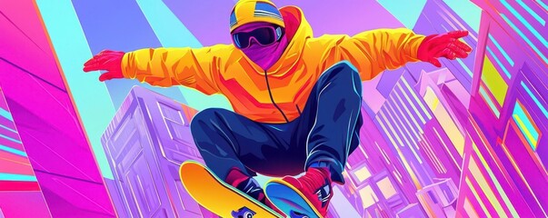 Animated character in streetwear, skateboarding in a futuristic cityscape, vector art with bold neon colors and dynamic action