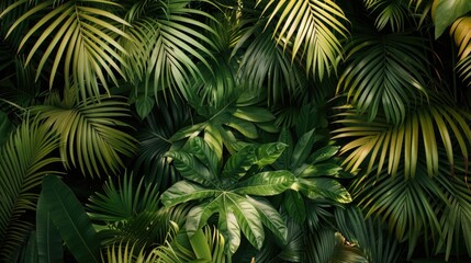 A dense group of green leaves in a lush jungle setting