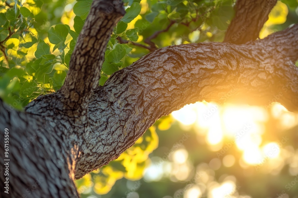 Aufkleber the image showcases sunlight filtering through the branches of a sturdy tree, with its textured bark