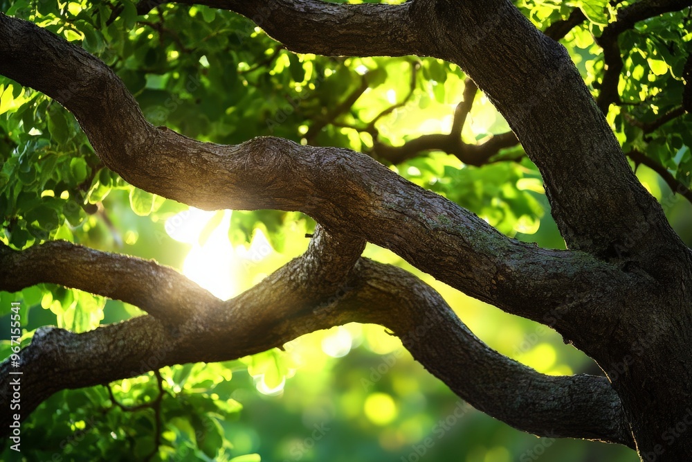 Aufkleber Sunlight filters through the dense foliage of a tree, casting a beautiful glow and highlighting the intricate details of the forest canopy in a peaceful, natural setting.