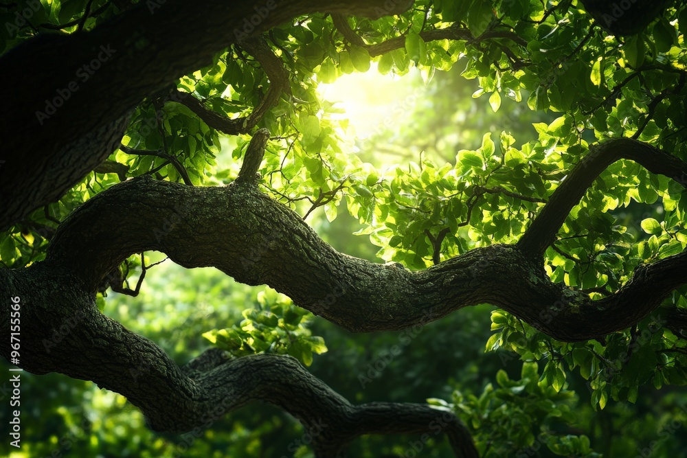Aufkleber sunlight pierces through the twisted branches of a tree, illuminating the vibrant green leaves and c