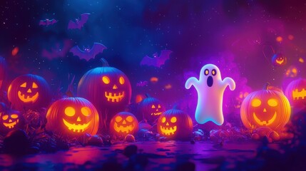 Spooky Halloween Pumpkins and Ghost in Glowing Light.