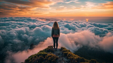 Fototapeta premium A woman stands on a mountain peak, overlooking a sea of clouds at sunrise, symbolizing adventure, freedom, and introspection..