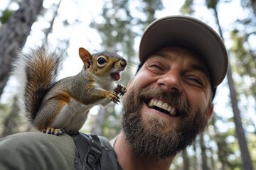 A small squirrel stands on a person's shoulder in a forest, its tiny paws gripping their clothing. The scene highlights a close interaction between wildlife and humans.