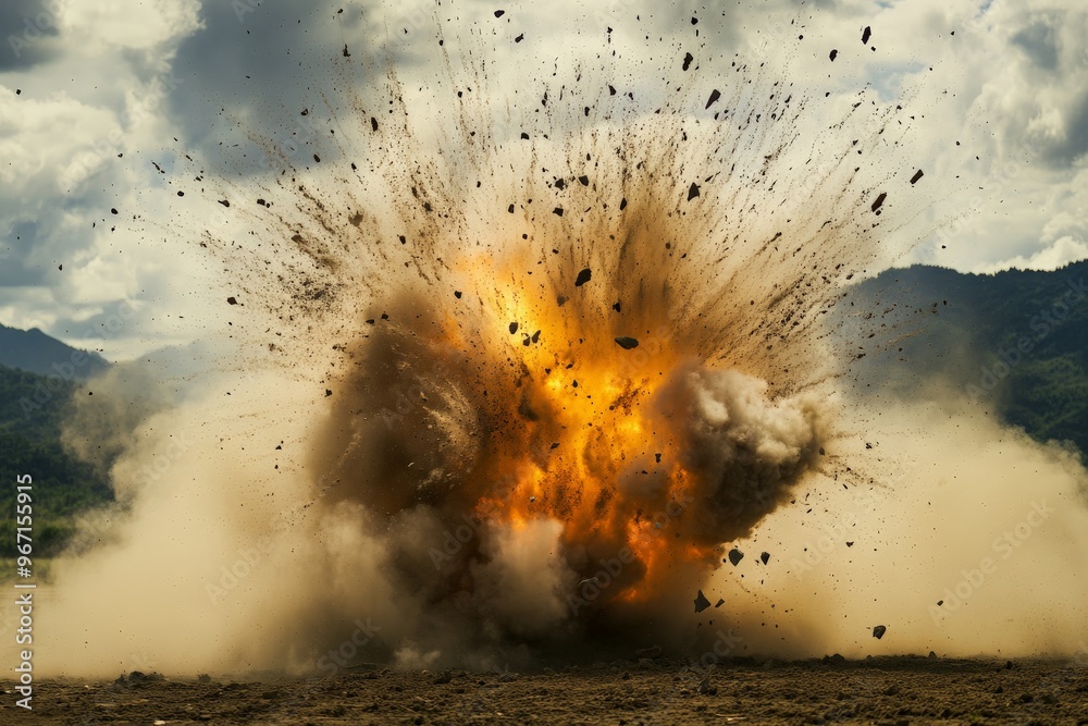 Leinwandbilder an intense explosion sends debris flying high into the sky in a mountainous area, demonstrating the 