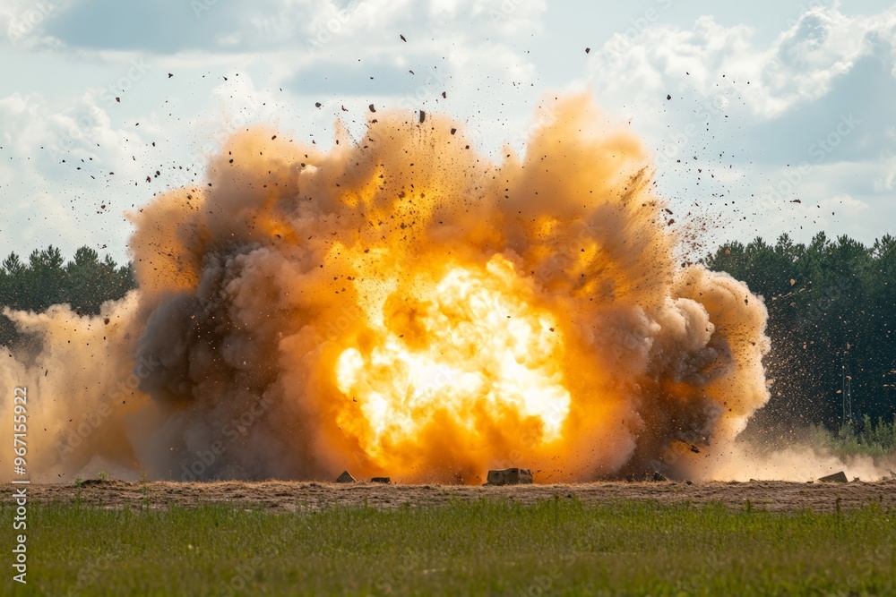 Poster a huge explosion takes place on an open field, releasing a massive amount of smoke and fire, showing