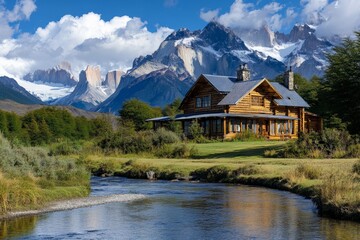 Obraz premium A picturesque log cabin sits beside a clear stream with a stunning mountain backdrop, showcasing the serene beauty of nature and an idyllic living environment.