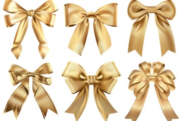 A collection of six golden bows against a clean white background, ideal for packaging or decoration use