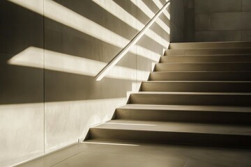 Fototapeta premium A clean and minimalistic image of a modern staircase bathed in sunlight. The geometric design and shadows create a striking visual effect that is both elegant and contemporary.
