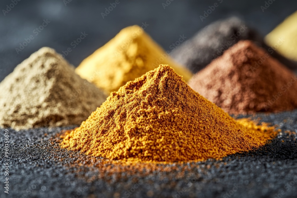 Poster A variety of colorful spices are arranged in neat piles on a dark background, showcasing the vibrant hues and textures of these aromatic culinary ingredients.