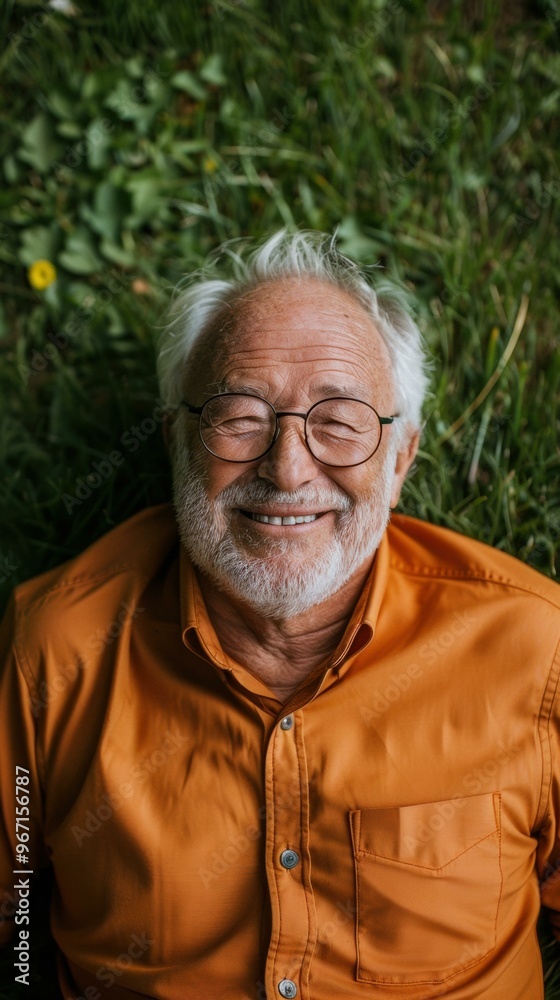 Poster A man smiles as he lays in the grass. AI.