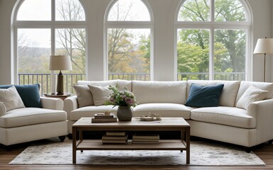 Modern luxury living room with elegant decor and minimalistic design..