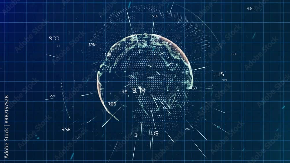 Poster animation of globe with network of connections over grid on dark background