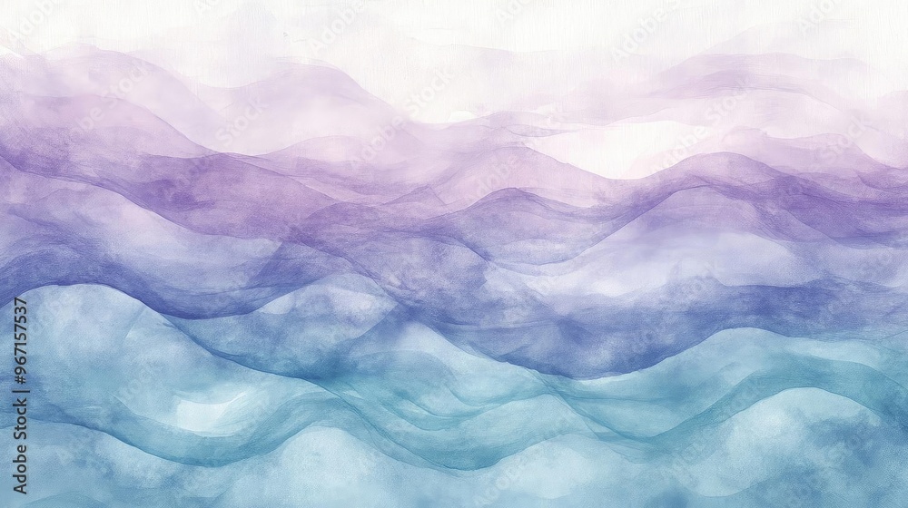 Poster Soft watercolor waves in shades of purple and blue create a serene and calming abstract background for creative projects.