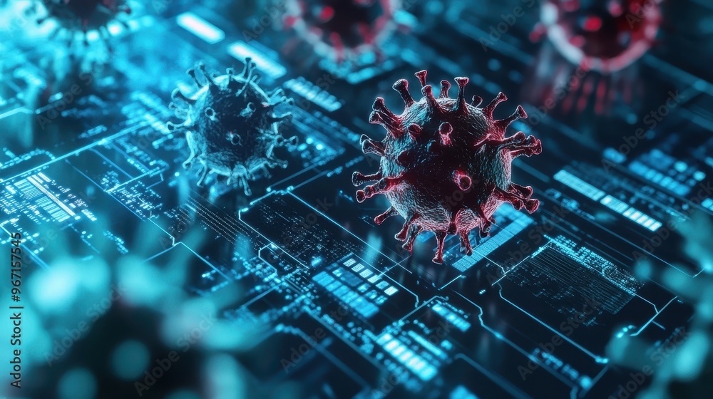 Poster digital risk management concept with virus and data visualization in a futuristic cybersecurity envi