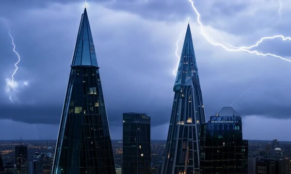 Dynamic night cityscape with dramatic lightning strikes among towering skyscrapers