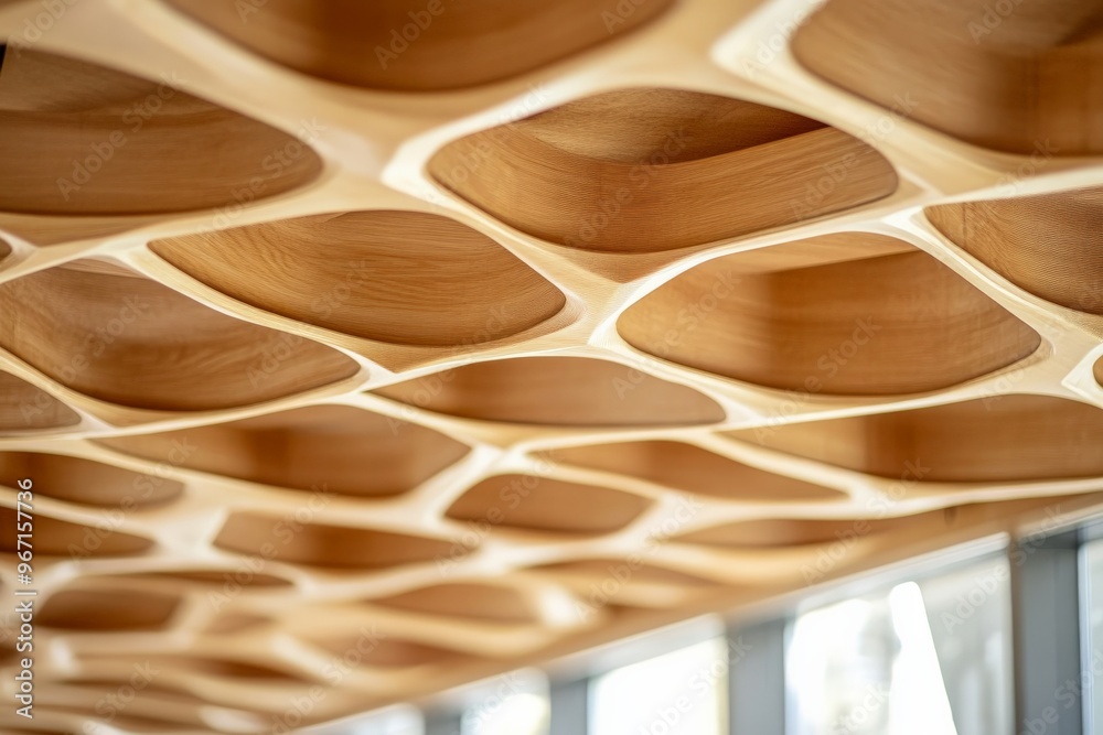 Leinwandbilder This image features an artistic ceiling design made of wood, resembling a honeycomb pattern. The interplay of light and structure creates an architectural wonder.
