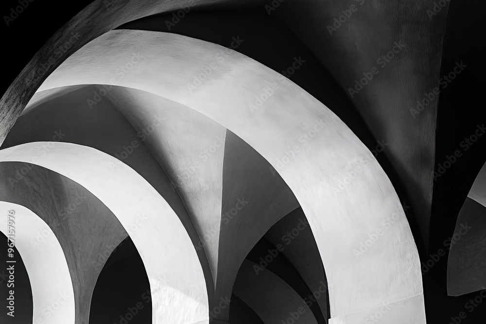 Fototapete Monochromatic imagery of architectural ceiling arches in black and white, capturing the dramatic interplay of light and shadow and highlighting the structure’s dynamic form.