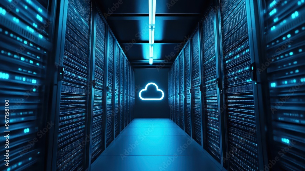 Poster modern data center with cloud computing icon representing digital risk management and cybersecurity