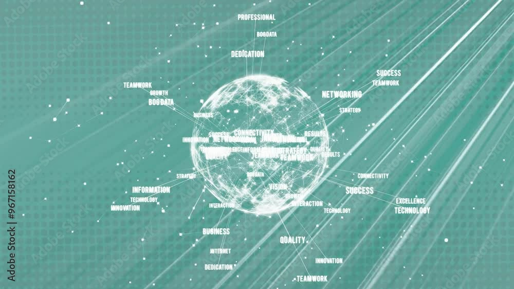 Poster animation of globe with network of connections with data processing on green background