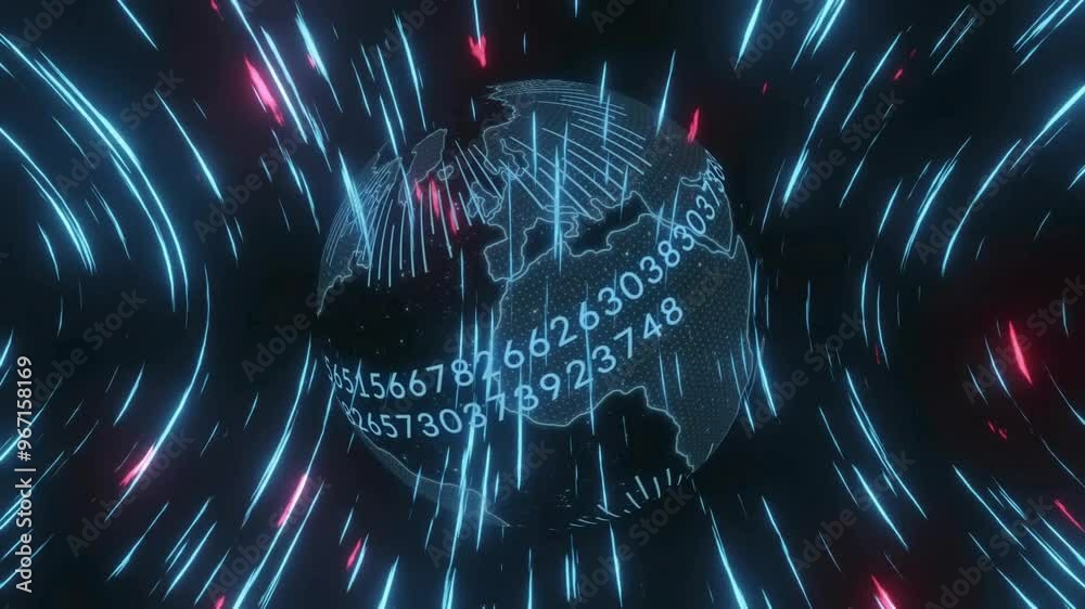 Poster animation of globe with network of connections with binary coding on dark background
