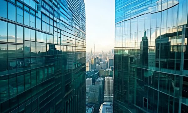 Smooth aerial flythrough between mirrored skyscrapers overlooking a vast metropolis