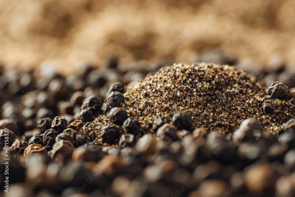 Poster An image capturing a heap of whole black peppercorns alongside ground pepper, illustrating the versatility and flavor depth of this widely used culinary seasoning.