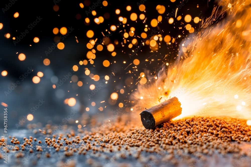 Poster this image captures a burst of golden sparks emitted from a lit firecracker, showcasing the vibrant 