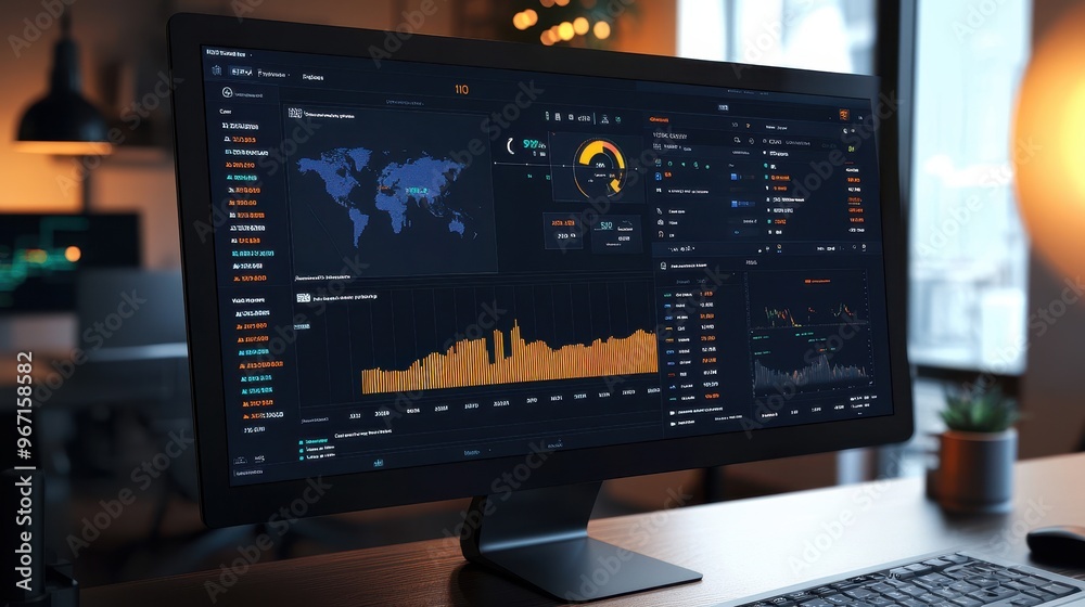 Poster modern risk management dashboard with global data analytics and financial metrics on computer screen