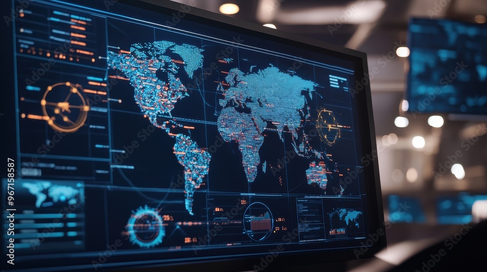 Poster global risk management dashboard with world map and data analytics in modern control room