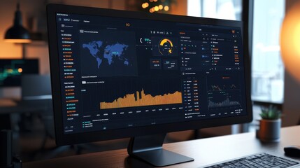 Modern Risk Management Dashboard with Global Data Analytics and Financial Metrics on Computer Screen in Office