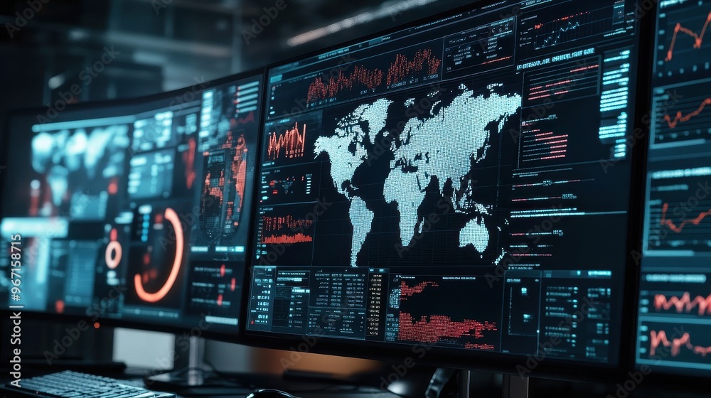 Poster global risk management dashboard with data analytics and world map on multiple monitors in modern of