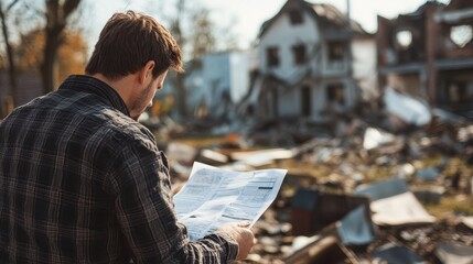 Man Assessing Damage with Documents in Hand Amidst Ruins for Risk Management and Insurance Evaluation