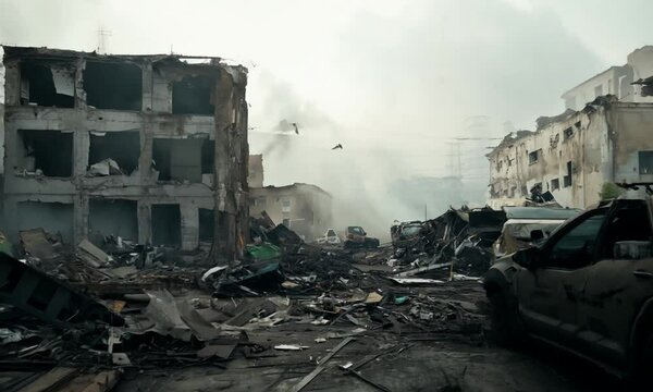 Post-war city in ruins, shrouded in smoke and devastation