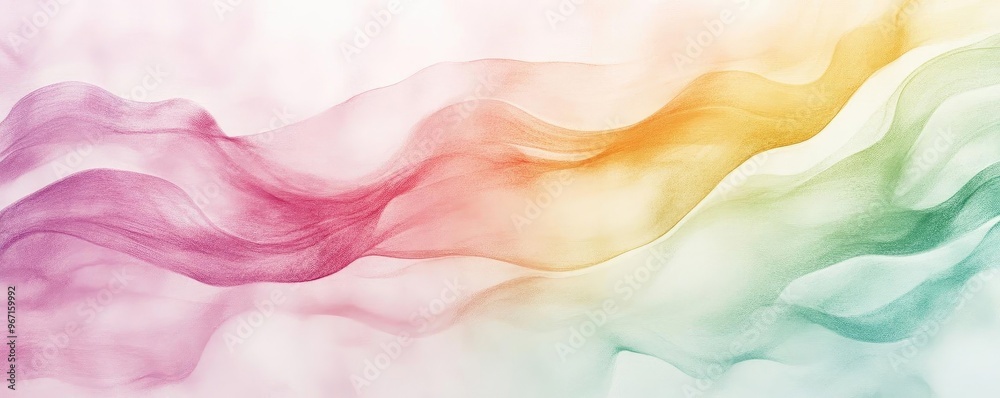 Poster A soft and colorful wave of translucent fabric flowing gracefully, creating a tranquil and artistic atmosphere.