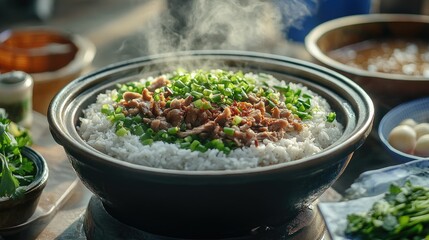 An outdoor breakfast scene with a steaming bowl of homemade boiled rice with pork, served with a variety of fresh toppings like green onions, cilantro, and crispy garlic