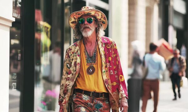 Old hippie man walking down a city street.
