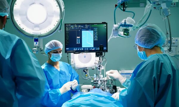 Surgeons performing a procedure in a high-tech operating room