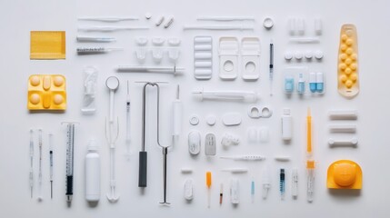 An Assortment of Medical Supplies and Equipment Arranged on a White Surface