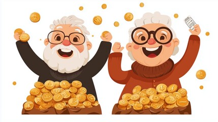 Joyful elderly couple celebrating wealth with coins. Happy expressions showcase abundance and contentment. Perfect for financial themes.