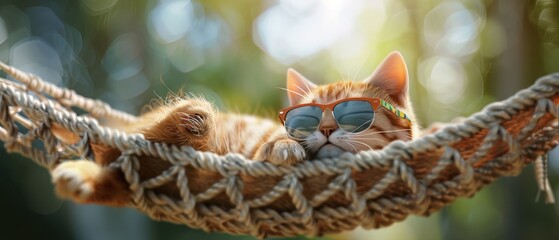 Obraz premium Cheerful 3d illustration, the cat relaxes in a hammock. Cat in sunglasses